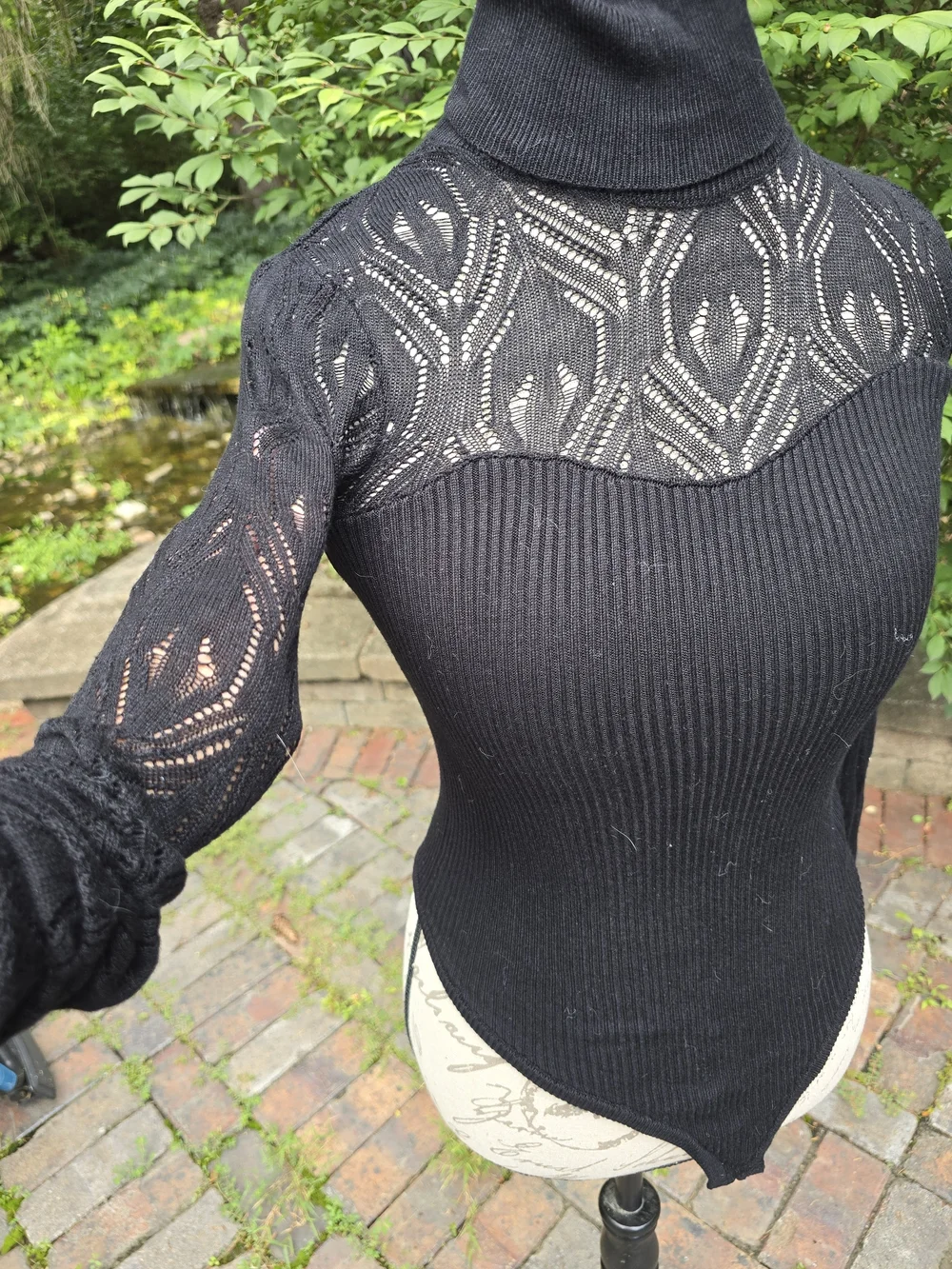 Free People Black Pretty In Pointelle Ribbed Lace-Yoke Turtleneck Bodysuit